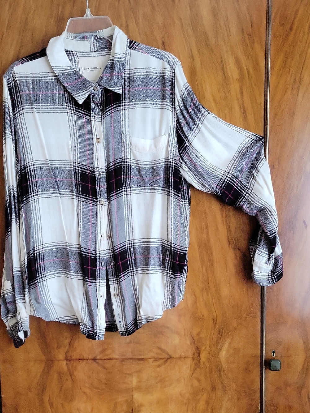 Lucky Brand Black and White Plaid Shirt with Pink Stripe